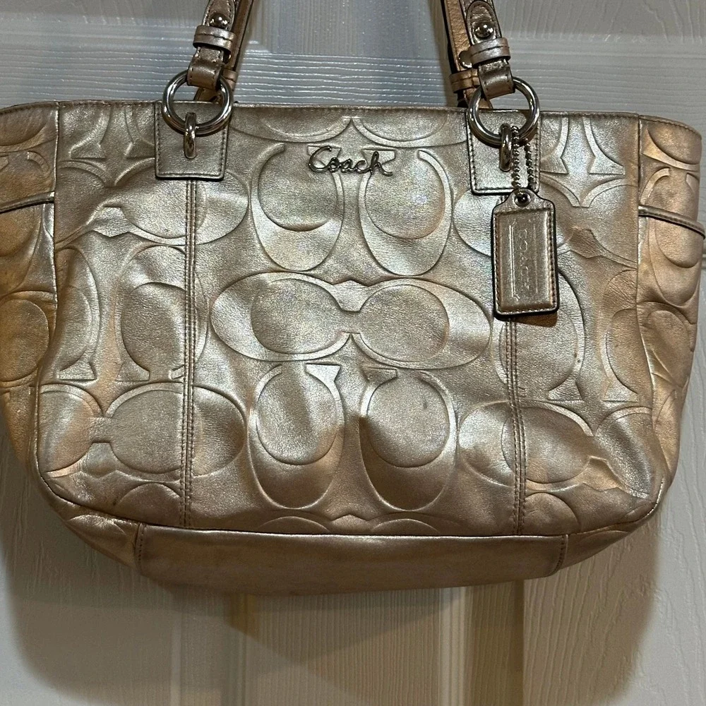 Coach Metallic Gold Leather Signature C‎ Embossed Tote Shoulder Bag Handbag